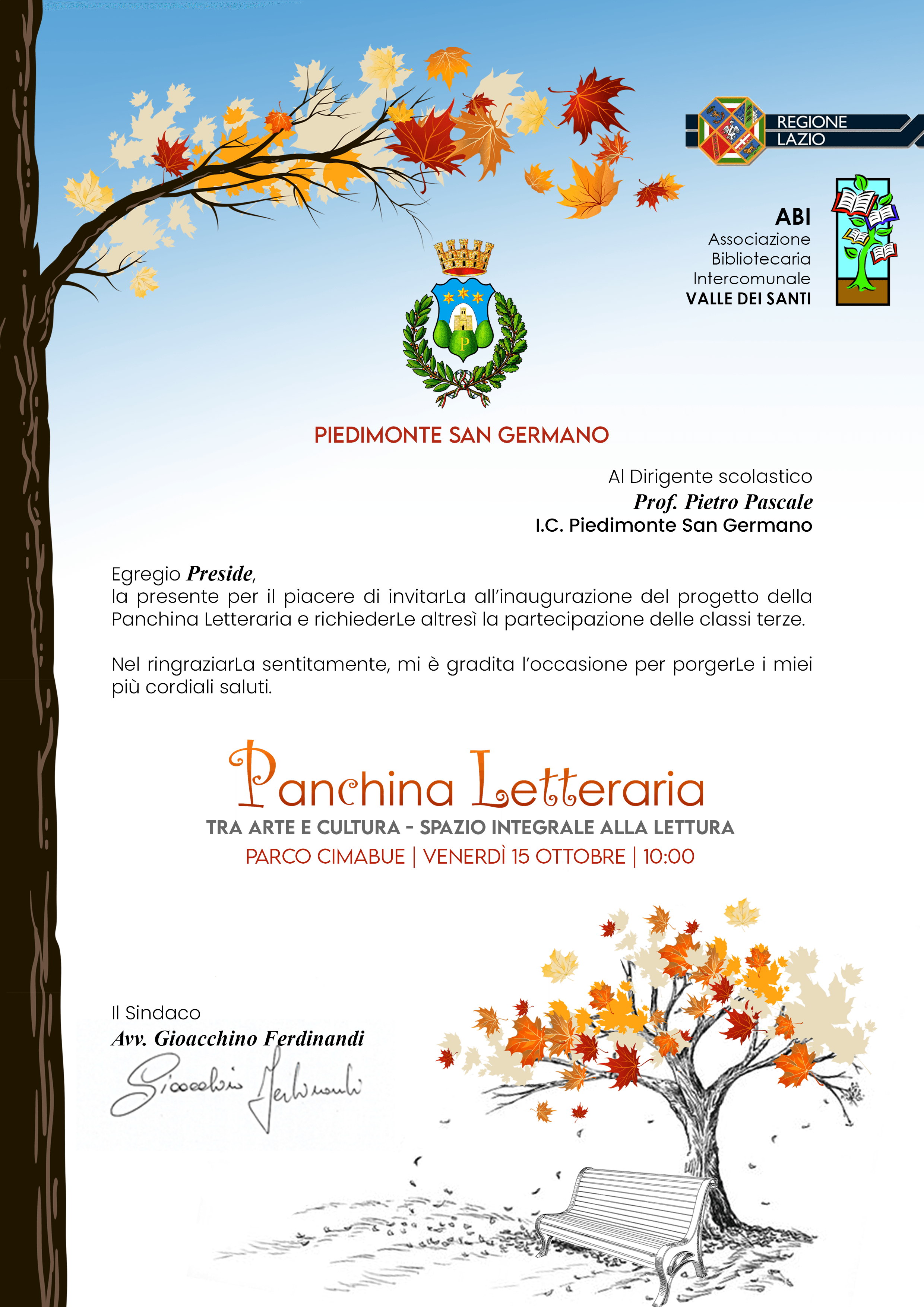INVITO INAUGURAZIONE PANCHINA LETTERARIA 1